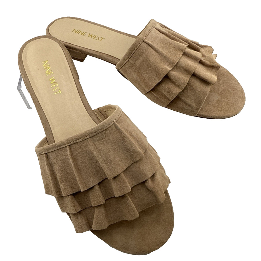 Nine West Ivarene Tan Suede Ruffle Slide Sandal Size 5.5 M‎ NIB